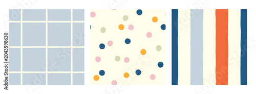 Set of hand drawn vector seamless patterns with grid, stripes, polka dot. Trendy geometric background for prints, textile, wrapping. Trendy aesthetic pattern. Decorative wallpaper design