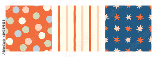 Set of hand drawn vector seamless patterns with polka dot, lines and stars. Modern abstract geometric background for prints, textile, wrapping. Trendy flat illustration. Simple design