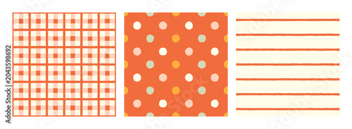 Set of trendy simple hand drawn seamless patterns with lines, squares, polka dot and grid. Modern abstract background for textile, prints, wrapping. Minimalist geometric flat illustrations. Trendy art
