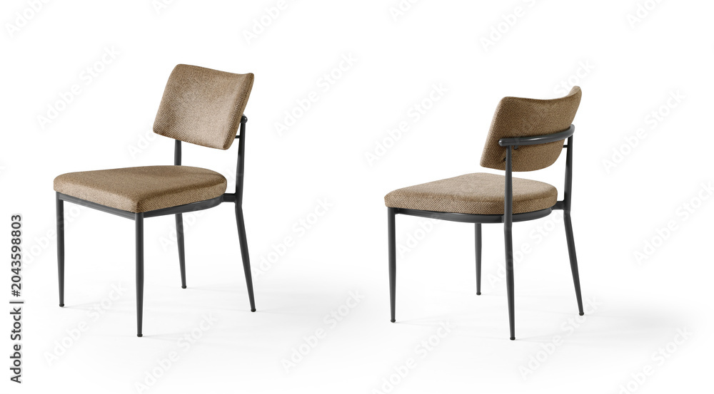 Fototapeta premium Two different angles of a modern minimalist chair with a black metal frame and brown textured fabric upholstery.isolated on white background.