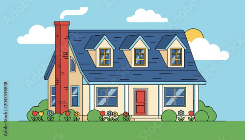 Cozy two story house with front yard and flowers vector