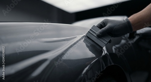 Professional applying paint protection film on vehicle surface