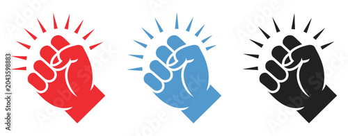 Foto Knocking fist icon vector set, hitting outline graphics and impact gesture symbols in red blue black for action design