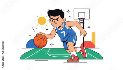 Young boy playing basketball on outdoor court illustration