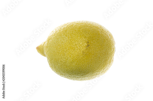 A juicy yellow citron (lemon) with strongly pointed tip (remains of style) on white background, lateral view
