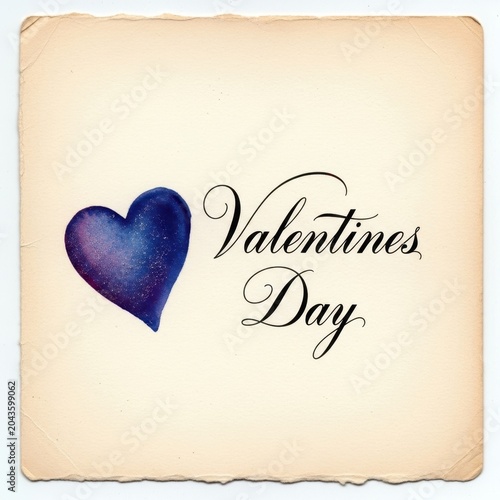 Vintage paper card with hand-painted cosmic blue heart valentines greeting textured