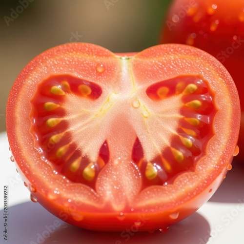 Fresh ripe red tomato cut in half showing seeds and juicy pulp texture with vegetable