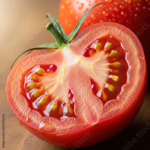 Fresh ripe red tomato sliced in half showing seeds and juicy interior texture
