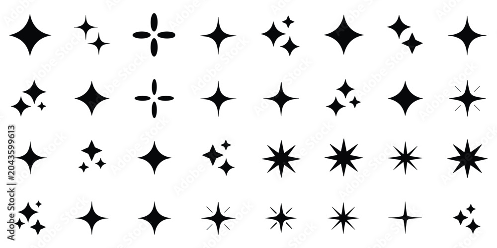 Fototapeta premium Sparkle and star icons set featuring black shiny glitter symbols for magic decoration and effects