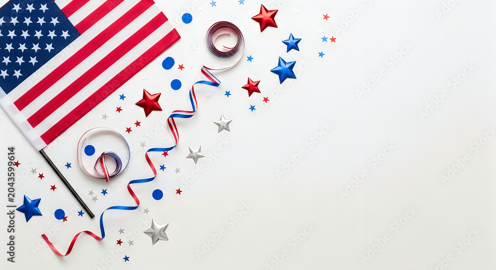 Fototapeta premium Patriotic celebration background with american flag and red white and blue decorations