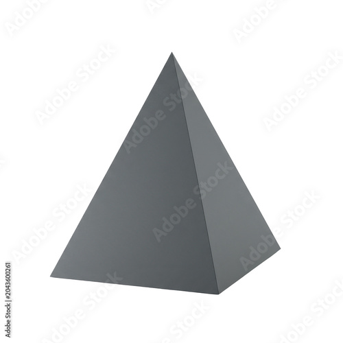 A gray pyramid's geometric form against a transparent background, angled view isolated on white background