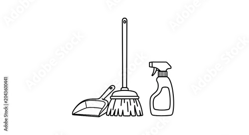 Minimalist cleaning tools with broom dustpan and spray bottle