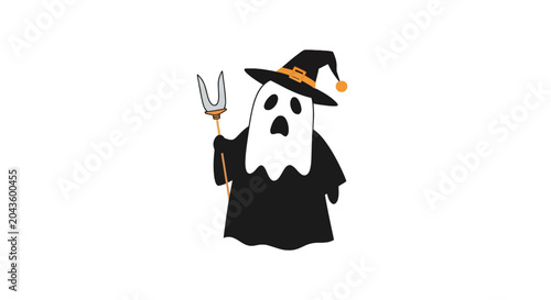 Spooky ghost wearing witch hat and holding pitchfork for Halloween
