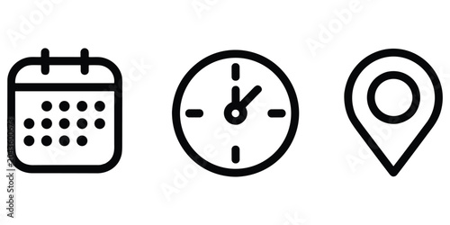 Calendar clock and location pin icon set time schedule and map pointer vector symbol isolated black