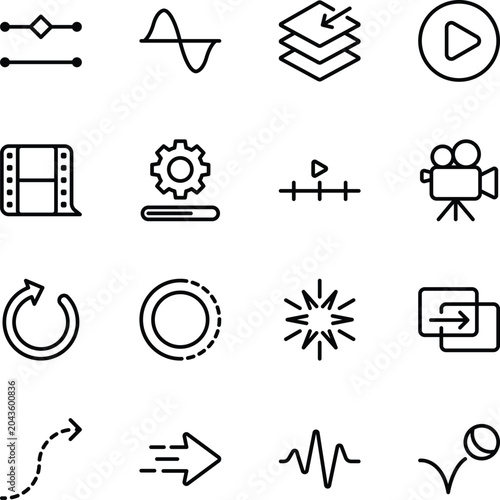 Motion graphics and video editing animation outline line icon set