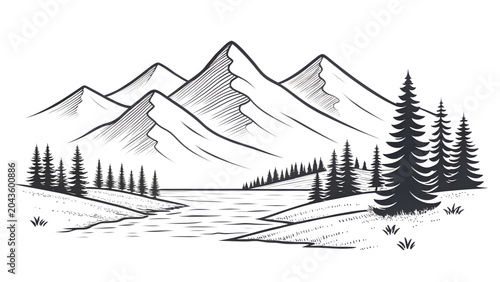 Stylized mountain range with pine trees and a lake in a sketched graphic style isolated on a transparent background