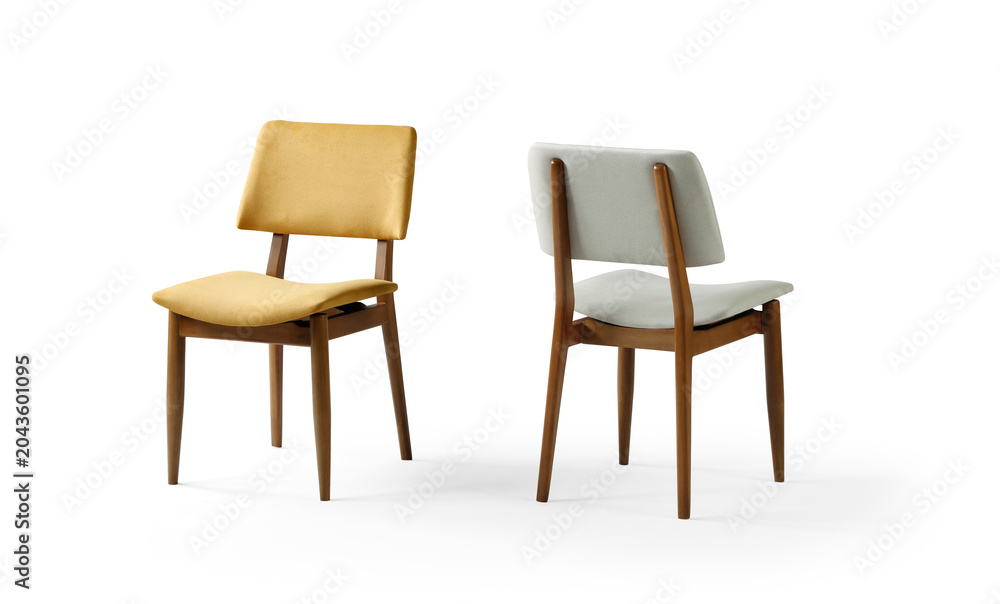 Obraz premium Two modern wooden dining chairs with yellow and grey fabric upholstery. Contemporary timber chairs shown from front and back perspective angles, isolated on white background.