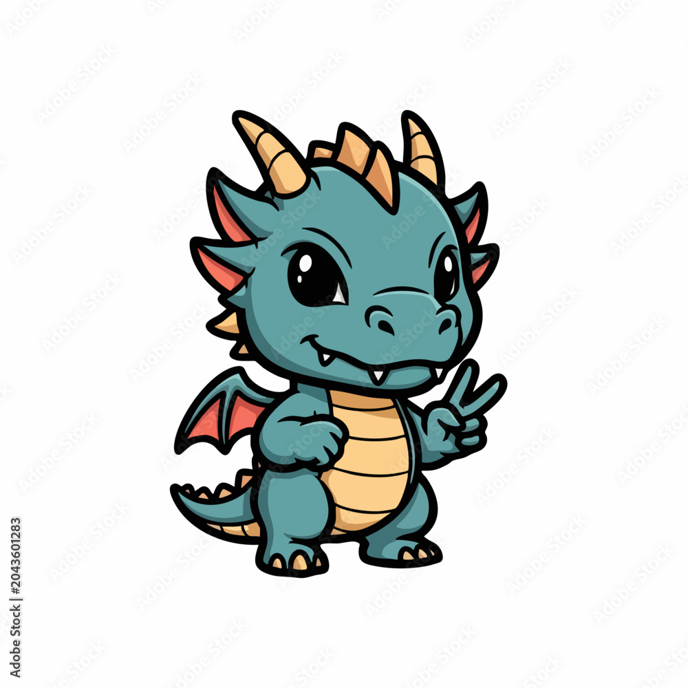 Fototapeta premium Adorable Cartoon Dragon with Peace Sign, Cute and Playful Illustration.