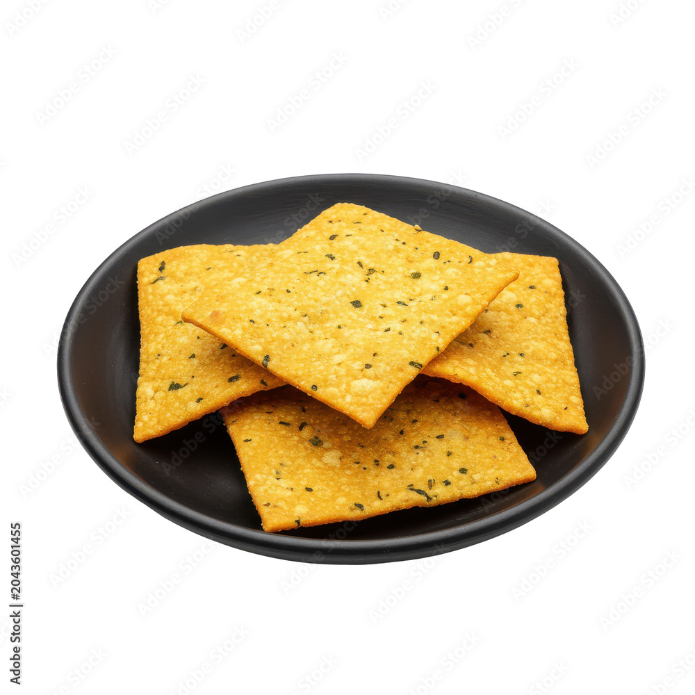 Fototapeta premium Crispy golden yellow snacks stacked on a dark plate isolated on white background