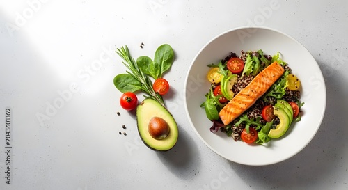 Fresh grilled salmon served with vibrant summer salad and lemon on white plate