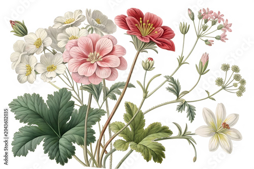 Detailed botanical of pink white and red flowers with green leaves on a distressed red and isolated on a transparent background