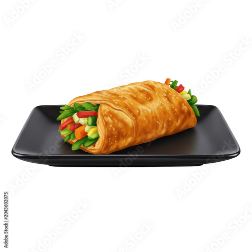 Deliciously detailed vegetarian wrap with fresh vegetables on black plate isolated on white background