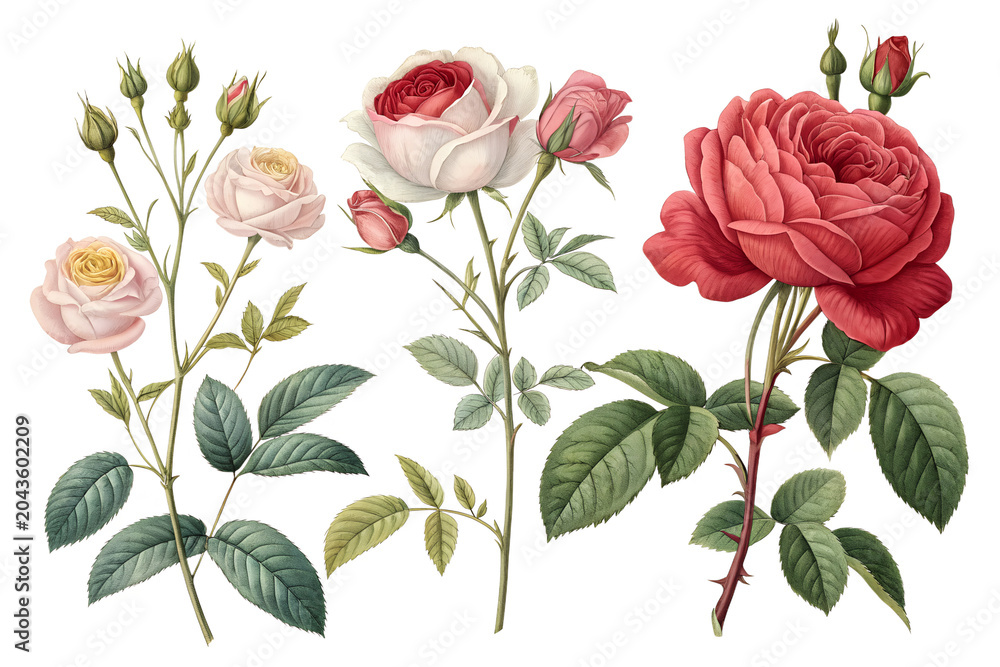 Naklejka premium Three detailed botanical illustrations of roses with green leaves and buds isolated on a transparent background