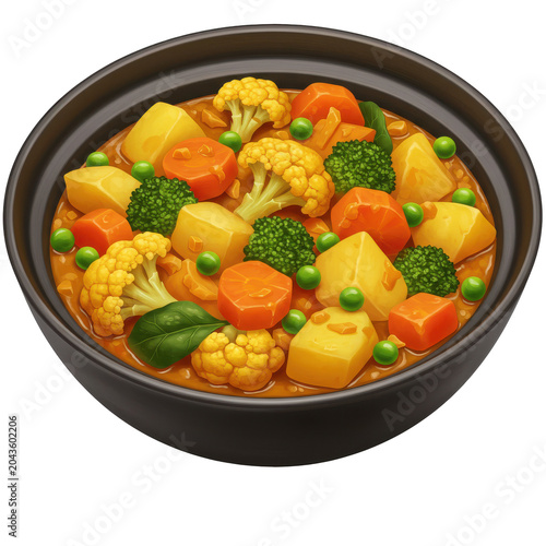 Vibrant vegetable curry in a dark pot isolated on white background