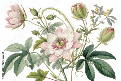 Detailed botanical of pink passion flowers and green buds against a distressed red and isolated on a transparent background