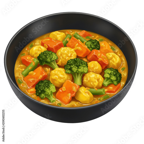 Delicious curry with vegetables and meatballs in a black bowl isolated on white background