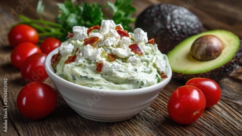 Creamy Avocado Dip with Fresh Herbs, Cherry Tomatoes, and Crumbled Cheese on a Rustic Wooden Table