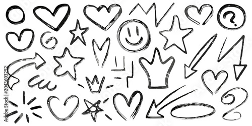 Foto sketchy doodles on black background hearts stars
