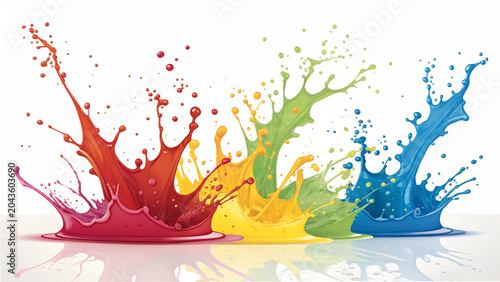 Colorful liquid splashes in motion with droplets and reflections isolated on a transparent background