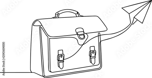 Black and white continuous line art of an open briefcase with a flying paper airplane, hollow vector illustration.