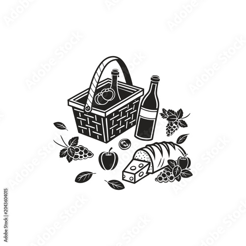 Picnic Basket with Wine, Cheese, Bread, and Fruit in a Stylized Illustration