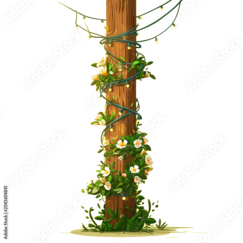 Wooden post entwined with green vines white flowers and yellow string lights isolated on a transparent background