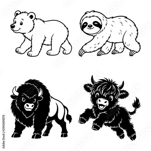 Cute wild animal cartoon silhouette collection with polar bear sloth bison and highland cow, funny black and white wildlife vector illustration isolated on white background