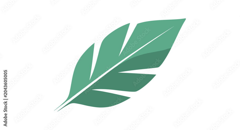 Fototapeta premium Simple stylized illustration of a single green tropical leaf with several segments against a plain white background.