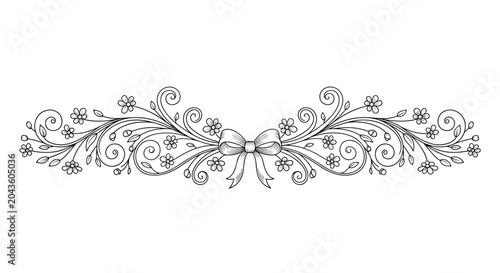 Detailed black and white line art of an ornamental floral divider featuring swirling vines flowers and a central ribbon bow.
