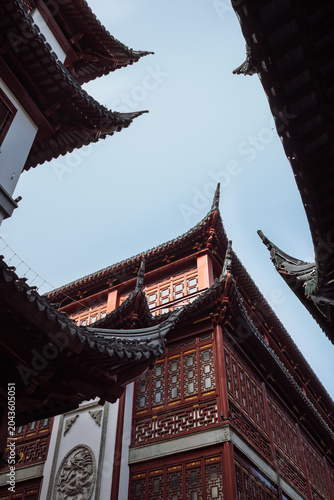 Photography Traditional Chinese Architecture with Upturned Roof Eaves in Yuyuan, Shanghai, C