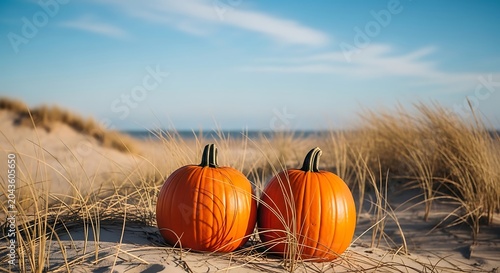 Autumn fall pumpkins on beach dunes seasonal harvest scene for thanksgiving and halloween decorations