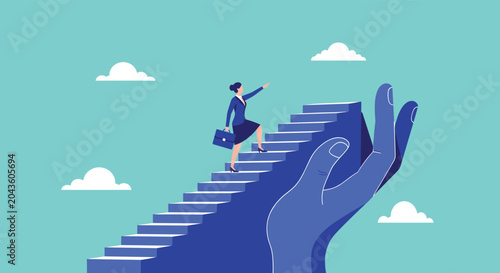 Businesswoman climbing a large staircase supported by a giant hand symbolizing mentorship, career support, and corporate success.