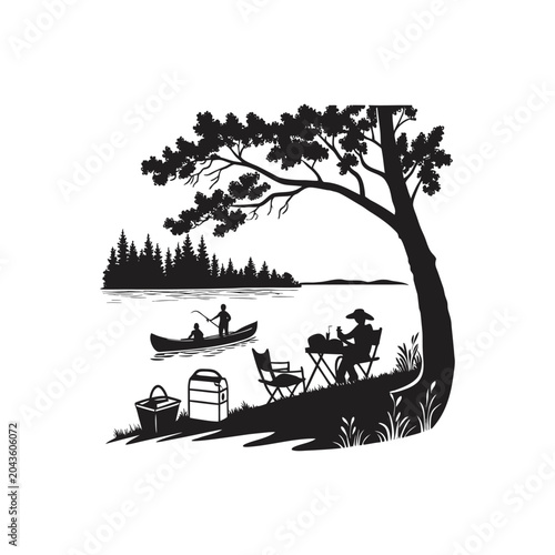 Silhouettes of people canoeing on a lake and relaxing by a tree with picnic items
