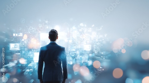 Businessman facing abstract digital world