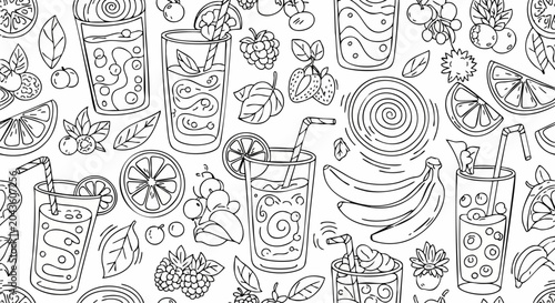 Seamless hand drawn sketch pattern with refreshing summer cocktails and exotic fruits.