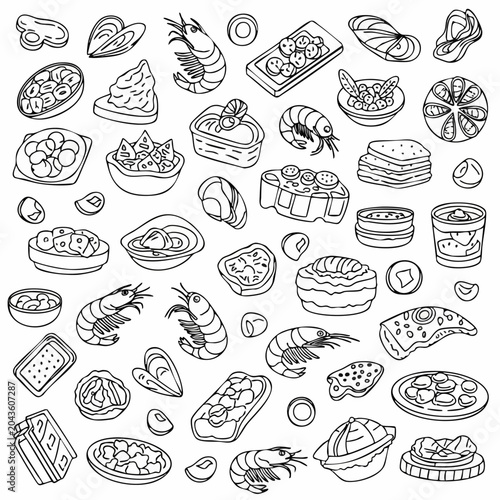 Hand drawn doodle set of various seafood and tapas dishes.
