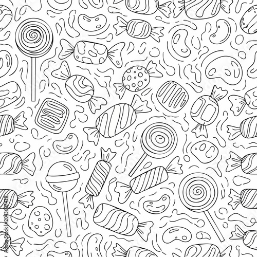 Seamless pattern with hand drawn assorted candies and lollipops.