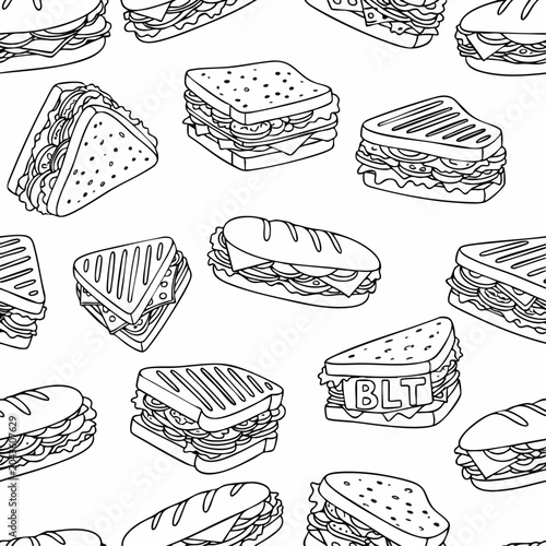 Seamless pattern of hand drawn sandwich illustrations.