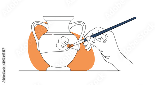 Close up of a hand using a paintbrush to paint a floral design on a ceramic vase highlights the beauty of traditional pottery craft.