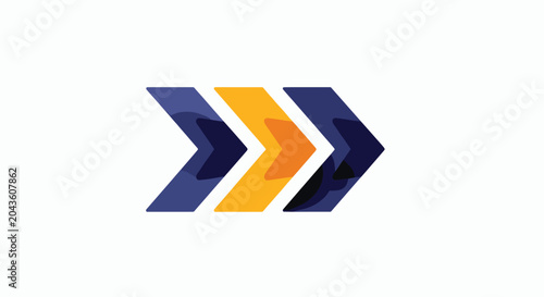 Abstract triple chevron arrow symbol in blue and orange suggests direction speed and dynamic movement for modern branding identities.